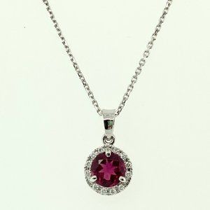 14Kt White Gold 6mm Faceted Rubellite with Round Brilliant Diamond Halo w/ Chain